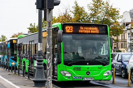 Bus in traffic. STB public transport Bucharest, Romania, 2022