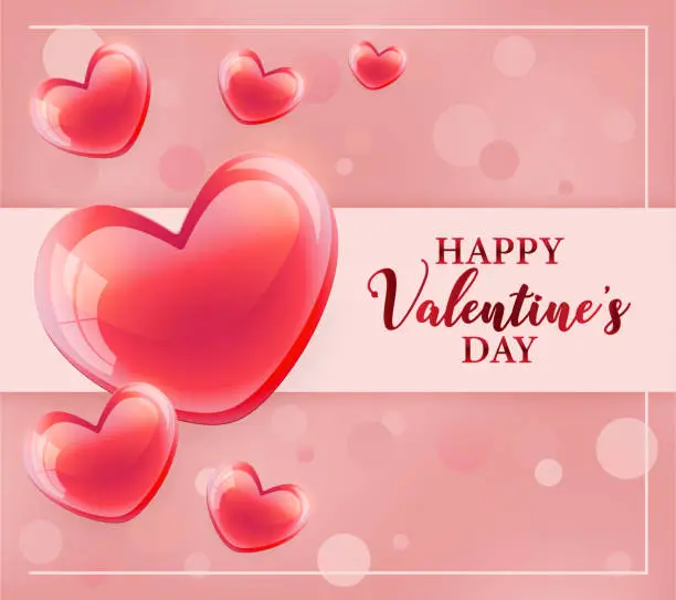 Vector illustration of Valentine's Day postcard template with heart shaped balloons and bow on pink background. Holiday vector illustration