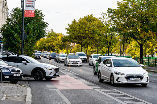 Car traffic at rush hour, car pollution, traffic jam in Bucharest, Romania, 2022