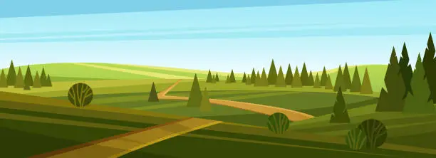 Vector illustration of Farm field landscape, grassland scenery, countryside lane road to horizon through fields
