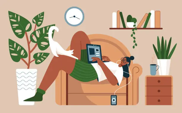 Vector illustration of Girl lying in home armchair with laptop, young woman listening to music with headphones