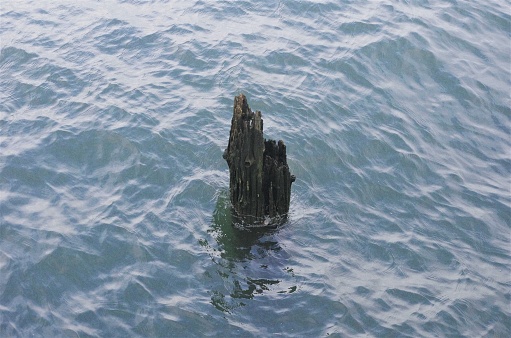 A single broken dock post just barely sticking out of the water. Taken along Astoria Riverwalk, a public park and hiking trail following the Columbia River and follows the historic path of the Astoria & Columbia River Railroad and traveling the length of Astoria's waterfront.