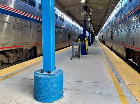 Sanford, Florida, USA - January 8, 2023: The Northbound Amtrak Auto Train—separated into two sections—awaits passenger boarding following a two-hour departure delay.
