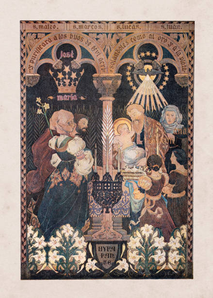 Religious painting Simon baptizing Baby Jesus in churchOriginal edition from my own archivesSource : Ilustración Artística 1899Matthew the Apostle (Saint Matthew) is named in the New Testament as one of the twelve apostles of Jesus - Simon the Zealot - John the Apostle.Mark the Evangelist also known as John Mark or Saint Mark, is the person who is traditionally ascribed to be the author of the Gospel of Mark.