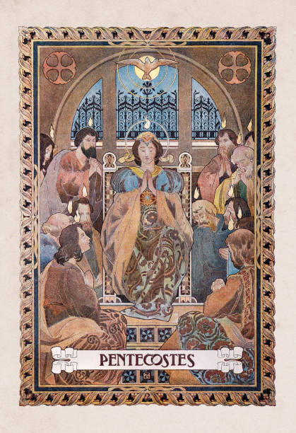 religiöse malerei pfingstfeier - pfingsten stock-grafiken, -clipart, -cartoons und -symbole