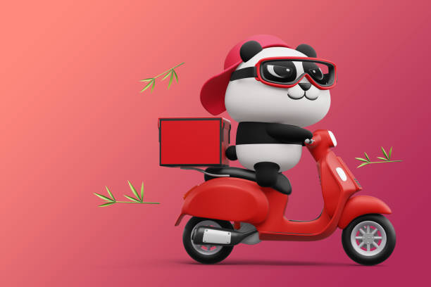 istock Cute Panda riding a motorcycle, panda delivery, 3d rendering 1456230844