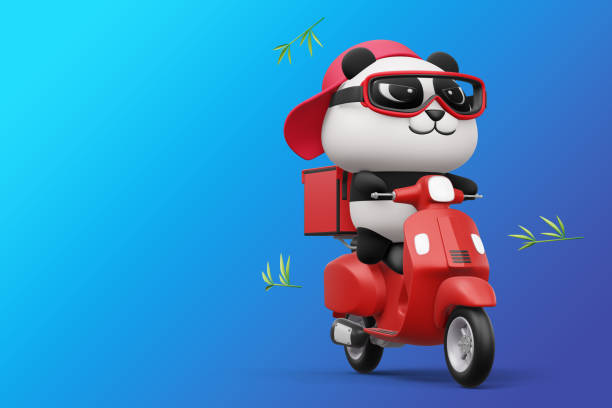 istock Cute Panda riding a motorcycle, panda delivery, 3d rendering 1456230848