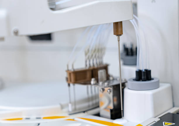 istock Microbiology scientific hospital samples researching. Robotic modern biochemistry laboratory. 1456235901