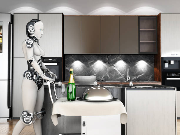 istock Female humanoid robot working in the kitchen, serving the meal. Conceptual 3D cgi high-tech robots doing housework 1456236700