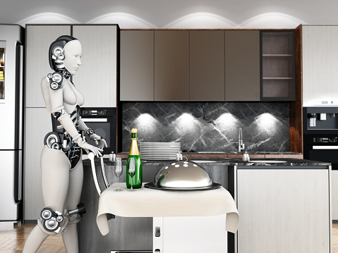 Female humanoid robot working in the kitchen, serving the meal. Conceptual 3D cgi high-tech robots doing housework.