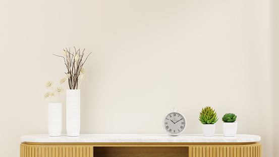 3D rendering Dried Flower White Ceramic Vase, White Clock, Cactus Placed on Wood Cabinet