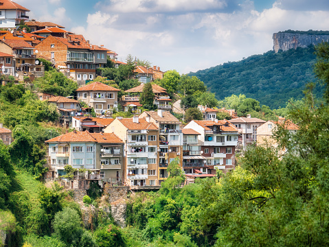 View from above with the medieval buildings and houses in Veliko Tarnovo, the historical and cultural capital of Bulgaria.