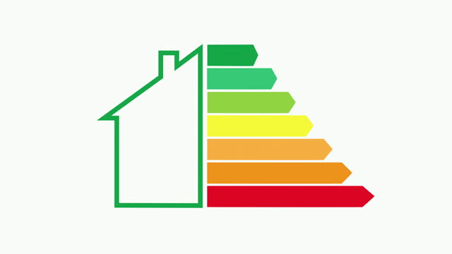 Close-up Of House Showing Energy Efficiency Rate. The energy rating scale is isolated from the white background. Concept of Home Energy Audit.