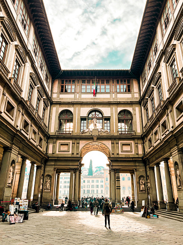 Facade of Uffizi Gallery in Florence. This spectacular building is as ancient as the old city centre and is full of history.