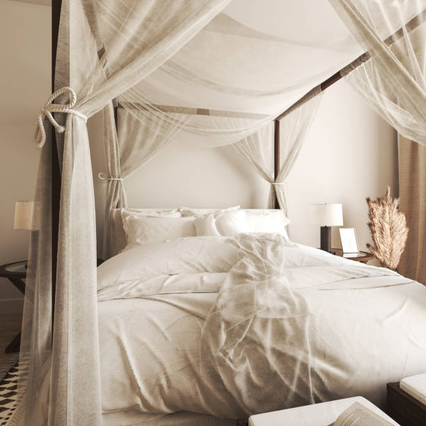 istock Light coastal home interior with white bed, bench and lamp in bedroom. Scandi boho style. 3d render. High quality 3d illustration 1456242539