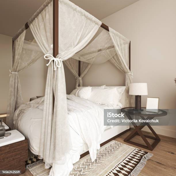Double Bed In Hotel Room With Mosquito Net Stock Photo - Download Image Now  - Mosquito Netting, Apartment, Bedroom - iStock