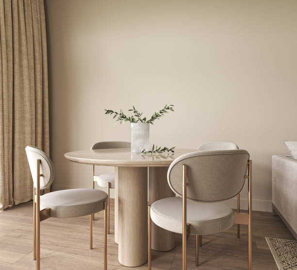 istock Minimalist concept of dining room interior with wooden table and modern design chairs. Beige wall and green plants. Copy space. Template. High quality 3d render illustration 1456242576
