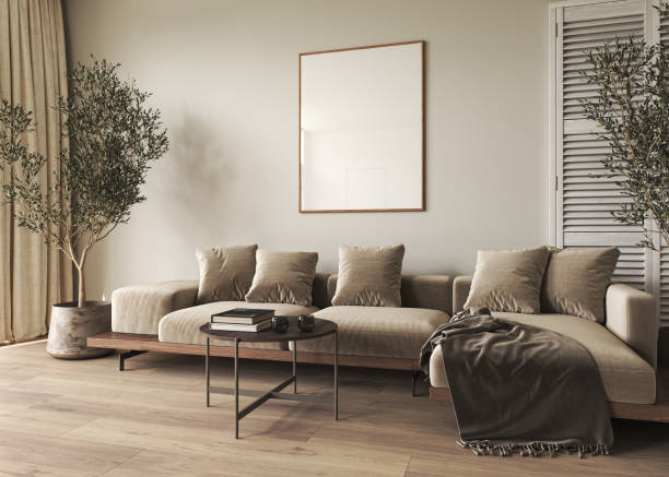 istock Home interior with ethnic boho decoration. Living room in brown warm color. Poster frame on mockup wall. 3d render. High quality 3d illustration 1456242579