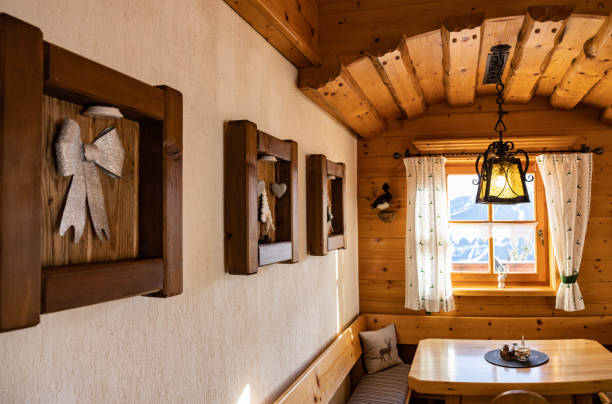istock Beautifully decorated wall by the window in a cozy Austrian restaurant in the ski resort 1456242580