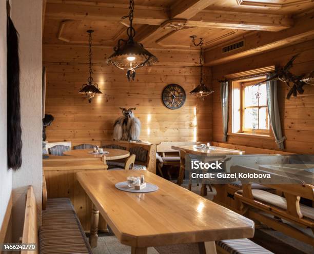 Decoration Of The Mountain Restaurant In The Austrian Alpine Style Stock Photo - Download Image Now