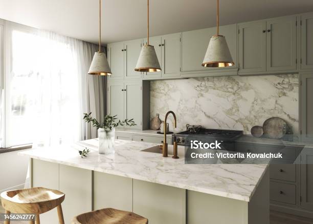 Modern Japandi Mock Up Room Interior Design And Decoration With Green Pastel Counter And Cabinet Wooden Chair And Twigs In Vase 3d Rendering Kitchen High Quality 3d Illustration Stock Photo - Download Image Now