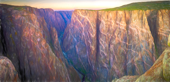 Digital painting of a dry stone wall cuts through the vista of green trees, fields and hills in the Peak District National park. The flat top of Shuttlingsloe can be seen in the distance.