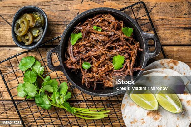 Cooking Of Mexican Pork Carnitas Taco Wooden Background Top View Stock Photo - Download Image Now