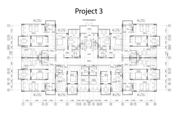 ilustrações, clipart, desenhos animados e ícones de edifício de vários andares com um espaço de estacionamento e paisagismo - three dimensional blueprint construction housing project
