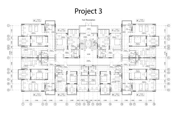 Multistory building with a parking space and landscape design Vector architectural project of a multistory building with a parking space and landscape design floor plan blueprint stock illustrations