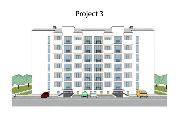 Vector illustration of Multistory building with a parking space and landscape design