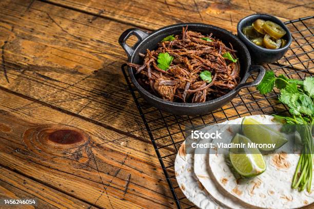 Cooking Of Mexican Pork Carnitas Taco Wooden Background Top View Copy Space Stock Photo - Download Image Now