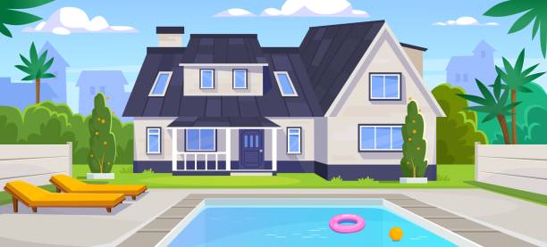 ilustrações de stock, clip art, desenhos animados e ícones de modern american house with a swimming pool in the backyard. cartoon illustration - swimming pool luxury mansion holiday villa