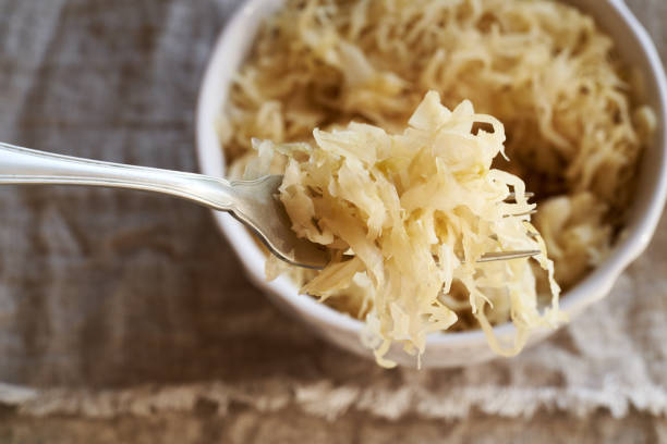 Fermented cabbage or sauerkraut, close up stock photo
