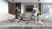 Female humanoid robot working in the living room, cleaning the house using a vacuum cleaner. Conceptual 3D cgi high-tech robots doing housework