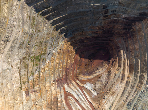 Aerial view of Open-pit iron mine in  Kayseri, Turkey. Taken via drone.