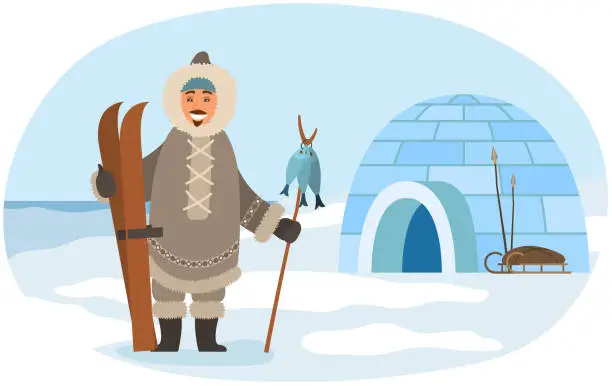 Vector illustration of Eskimo with fish after fishing stands near igloo. Man in warm clothes living in Arctic polar region