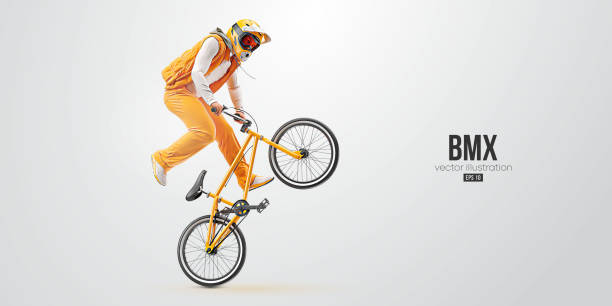 ilustrações de stock, clip art, desenhos animados e ícones de realistic silhouette of a bmx rider, man is doing a trick, isolated on white background. cycling sport transport. vector illustration - bmx cycling