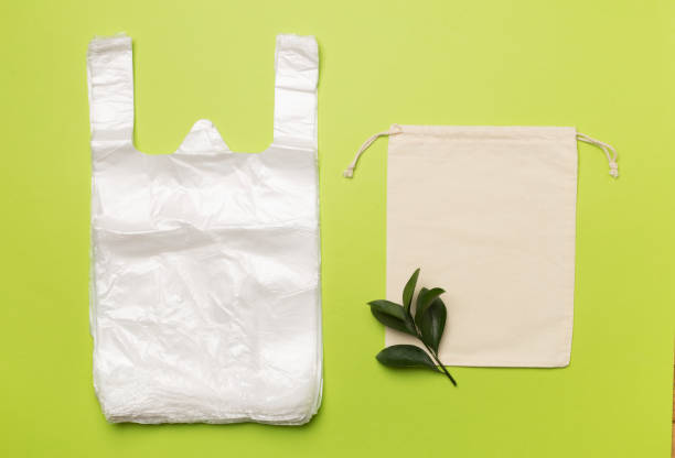 istock Plastic and fabric bag on color background, top view. Biodegradable products concept 1456252444