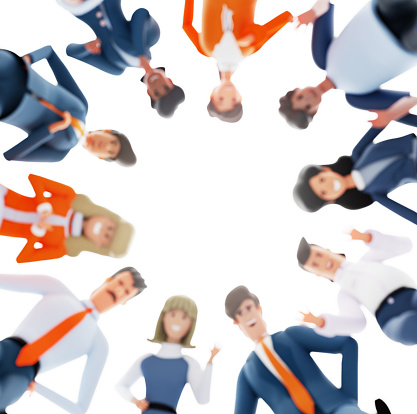 Blurred background with lots of business people looking down and smiling to the camera. Business and success concept 3D rendering illustration