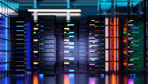 Blurred background of server room, Data center with racks servers and supercomputers. Neon lights and beautiful reflections of computer lights. 3D rendering illustration stock photo