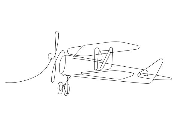 Biplane line art Biplane line art airplane commercial airplane propeller airplane aerospace industry stock illustrations