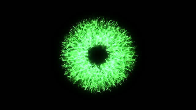 Big green circle, eye shape circle particles. Design of moving green iris of eye flowing wavy particles and trails, rays. Ring portal. Abstract particle background.