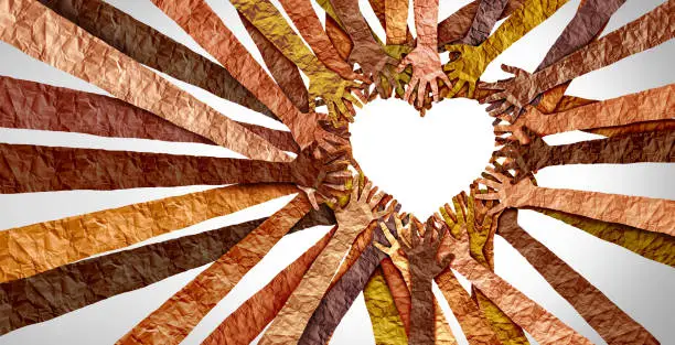 Black Culture Love  and Black History month awareness as diverse hands shaped as a heart for united diversity or multi-cultural partnership in a group of multicultural people connected together in respect as a support symbol expressing the feeling of teamwork and togetherness.