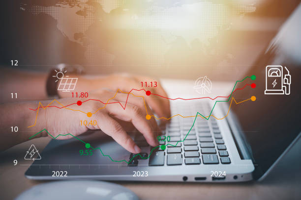 Oil energy graph of the world market, impact on the economy concept,Hand touch chart with the indicator on the oil price slide at gas station, fluctuations in oil prices and exchange trade. gráfico de energía petrolera del mercado mundial, impacto en el concepto de economía, gráfico táctil con el indicador en la caída del precio del petróleo en la gasolinera, fluctuaciones en los precios del petróleo y el comercio de cambios.