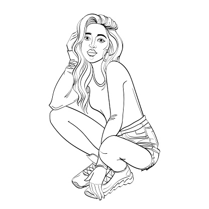 The girl is squatting, straightening her hair with her hand. Alternative rest position. Long sleeve sweater, shorts, sneakers. Hand drawing, sketch, outline. Isolated on white background. Vector illustration.
