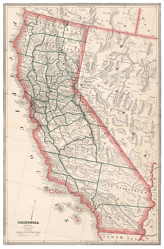 Map of the state of California, USA 1883