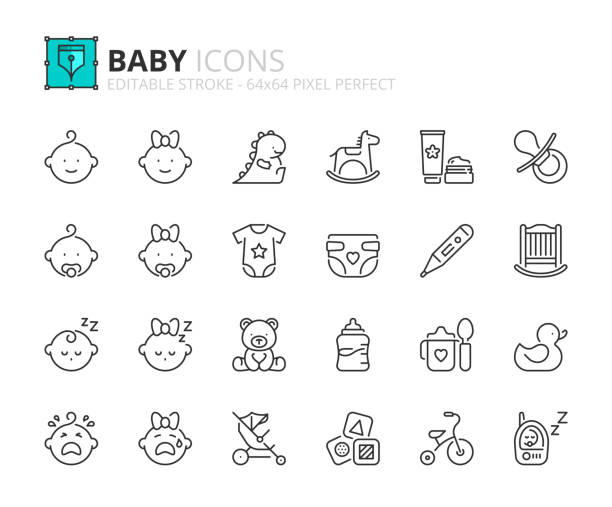 illustrations, cliparts, dessins animés et icônes de ensemble simple d’icônes de contour sur bébé - tricycle