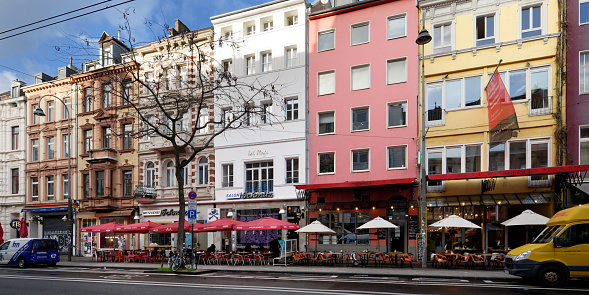 Cologne, Germany, January 11, 2023: many restaurants with outdoor dining in the belgian quarter of cologne