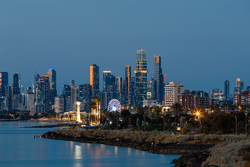Melbourne, Australia - January 1, 2023: Dusk view of Melbourne CBD skyscrapers.