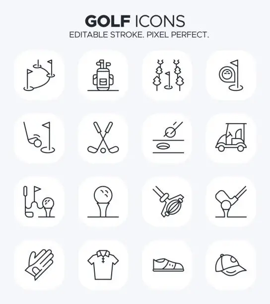 Vector illustration of Golf Icons - Gold Equipment, Accessories and Golf Swing Symbols